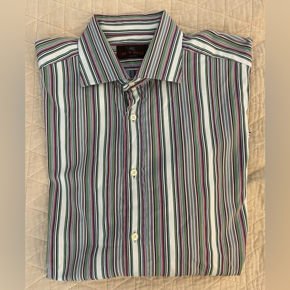 ETRO made in italy Multicolor Woven Stripe Spread Collar‎ Shirt Size 41 $425